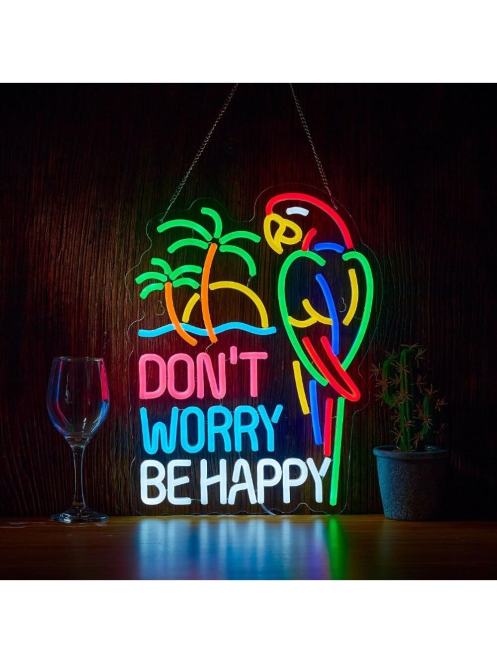 Dimmable Neon Wall Sign - "Don't Worry Be Happy" LED Light for Tiki Bar & Man
